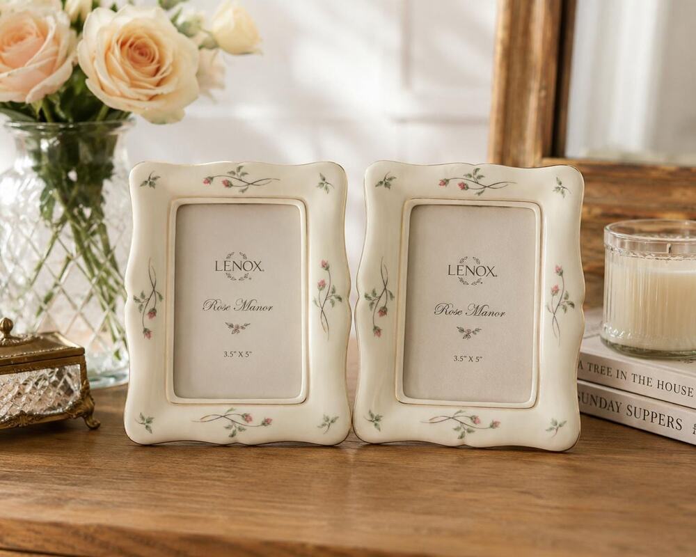 2 Lenox Rose Manor China Picture Frames  Ivory Pink Floral Cottagecore Decor